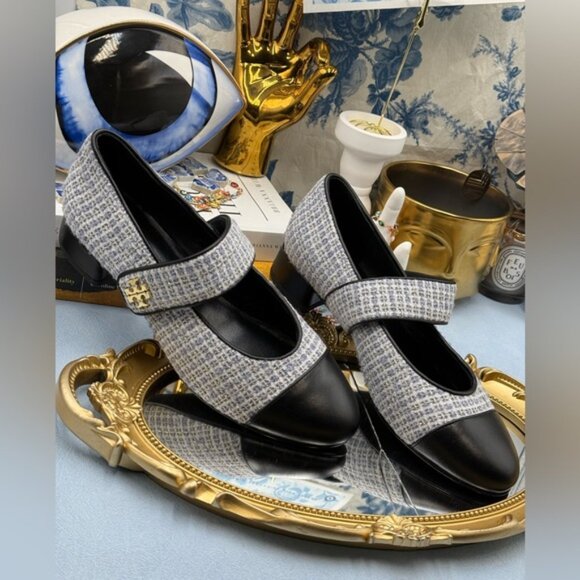 🆕 TORY BURCH 🧿 NWOB Mary Jane Heeled Ballet Flat, Blue Tweed, Sz 6.5 *SAMPLE* - Picture 5 of 16
